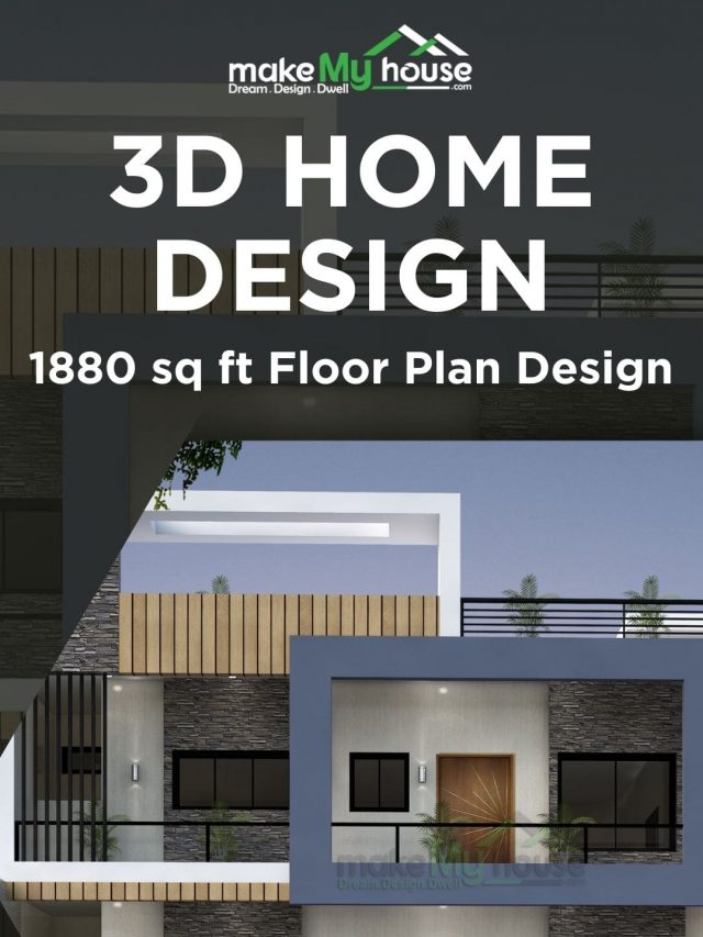 3d Home design - See how 1880 sq ft floor plan design look like, two master bedroom one bedroom, lobby area, kitchen, dining area, puja room with 2 car parking space.