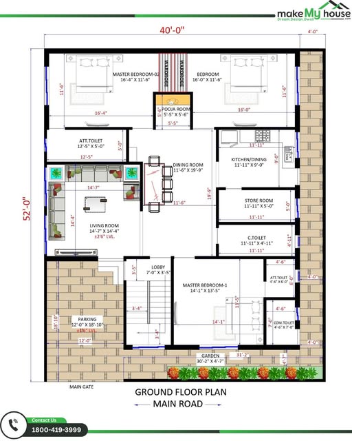 Great homes start with great planning. Presenting a smart and spacious 40 × 52 sqft house floor plan design!