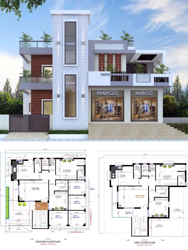 Smart elevation and floor plan design with a shop on the ground floor and comfortable living spaces above.